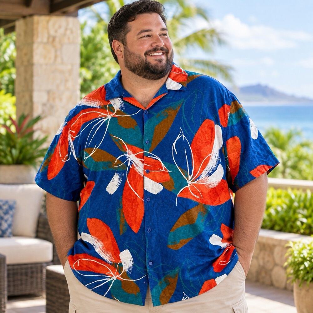 Shaquille O’Neal Men’s 4XLT Linen Rayon Tropical Hawaiian Camp Shirt NWT Bright